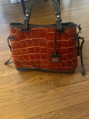 Dooney & Bourke Croc-Embossed Satchel in Cognac Brown with Dark Brown Trim